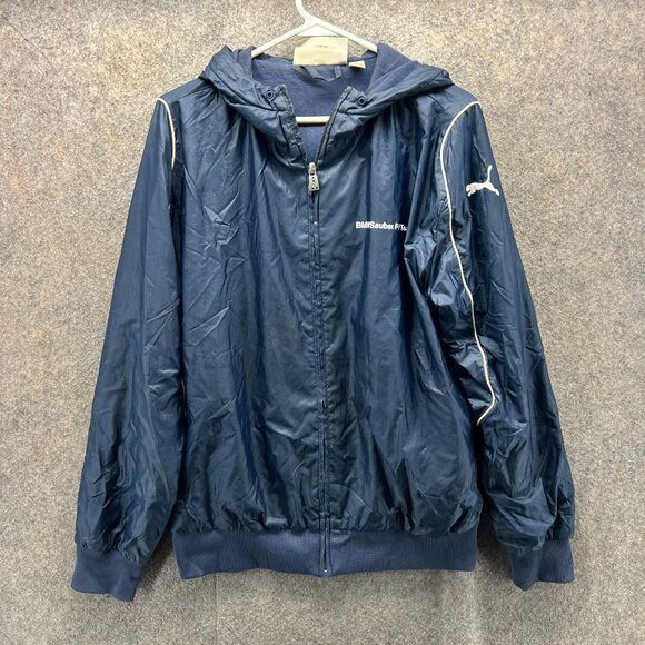 Puma Jacket Mens Medium Navy Windbreaker Full Zip Hooded BMW Sauber F1 Team - Picture 1 of 10